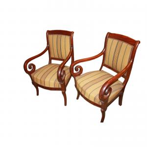 Pair of French mahogany armchairs from the 1800s, Directoire style with striped fabric